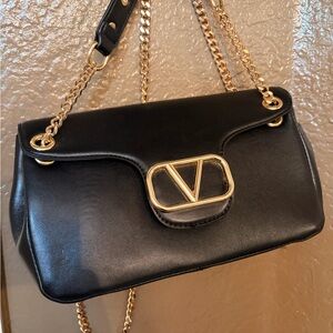 Black Leather Shoulder Bag with Gold V Emblem